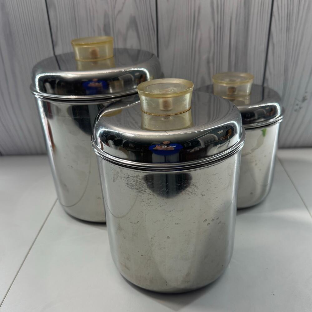 Revere Ware Set 3 Stainless Steel Canisters MCM Lucite Tops Storage Stackable